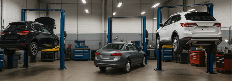 Banner image of mechanic's workshop / service area with cars on hoists