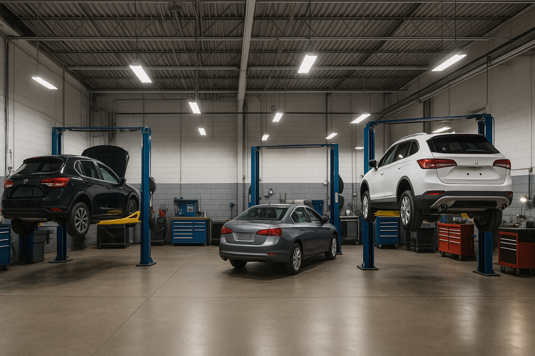 Banner image of mechanic's workshop / service area with cars on hoists
